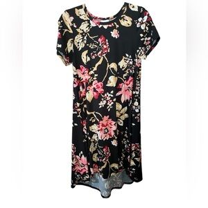 Floral Black Dress with Pink and Beige Accents Arm into arm pit 18 inches